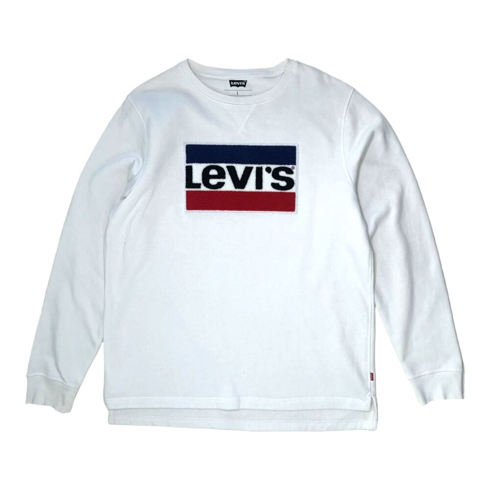 Lev's Crew Fleece Sweatshirt w Classic Colorway Logo Chenille Patch White Large
